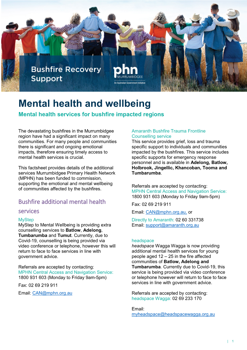 Mental Health and Wellbeing Mental Health Services for Bushfire Impacted Regions