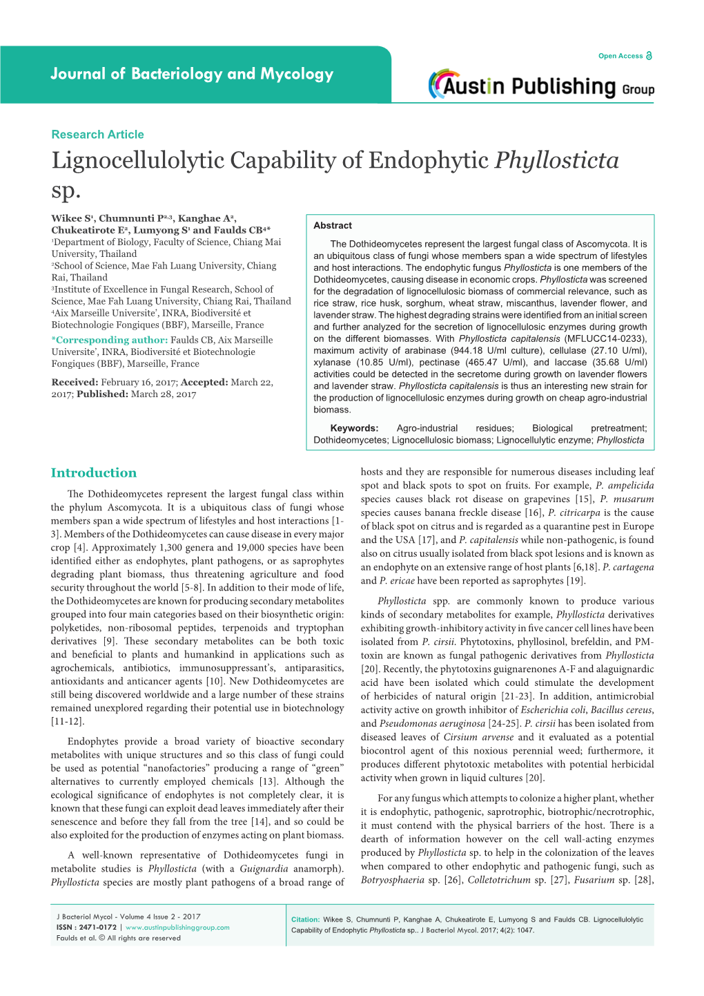 Lignocellulolytic Capability of Endophytic Phyllosticta Sp