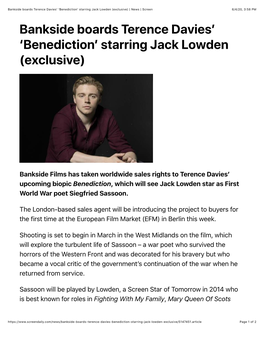 Bankside Boards Terence Davies' 'Benediction' Starring Jack Lowden