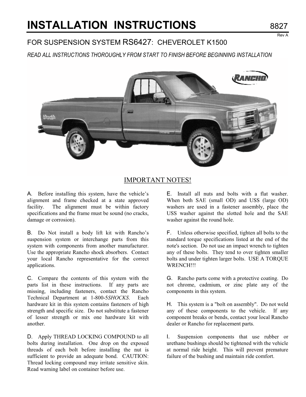 INSTALLATION INSTRUCTIONS 8827 Rev a for SUSPENSION SYSTEM RS6427: CHEVEROLET K1500