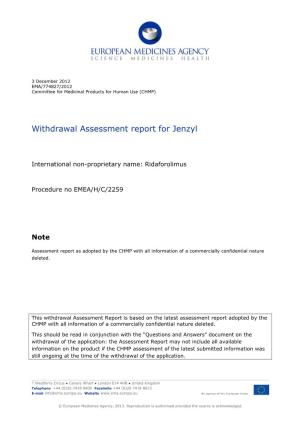 Withdrawal Assessment Report for Jenzyl, INN: RIDAFOROLIMUS