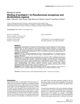 Binding of Protegrin-1 to Pseudomonas Aeruginosa and Burkholderia Cepacia Mark T Albrecht1, Wei Wang2, Olga Shamova2, Robert I Lehrer2,3 and Neal L Schiller1