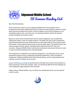 Edgewood Middle School IB Summer Reading List