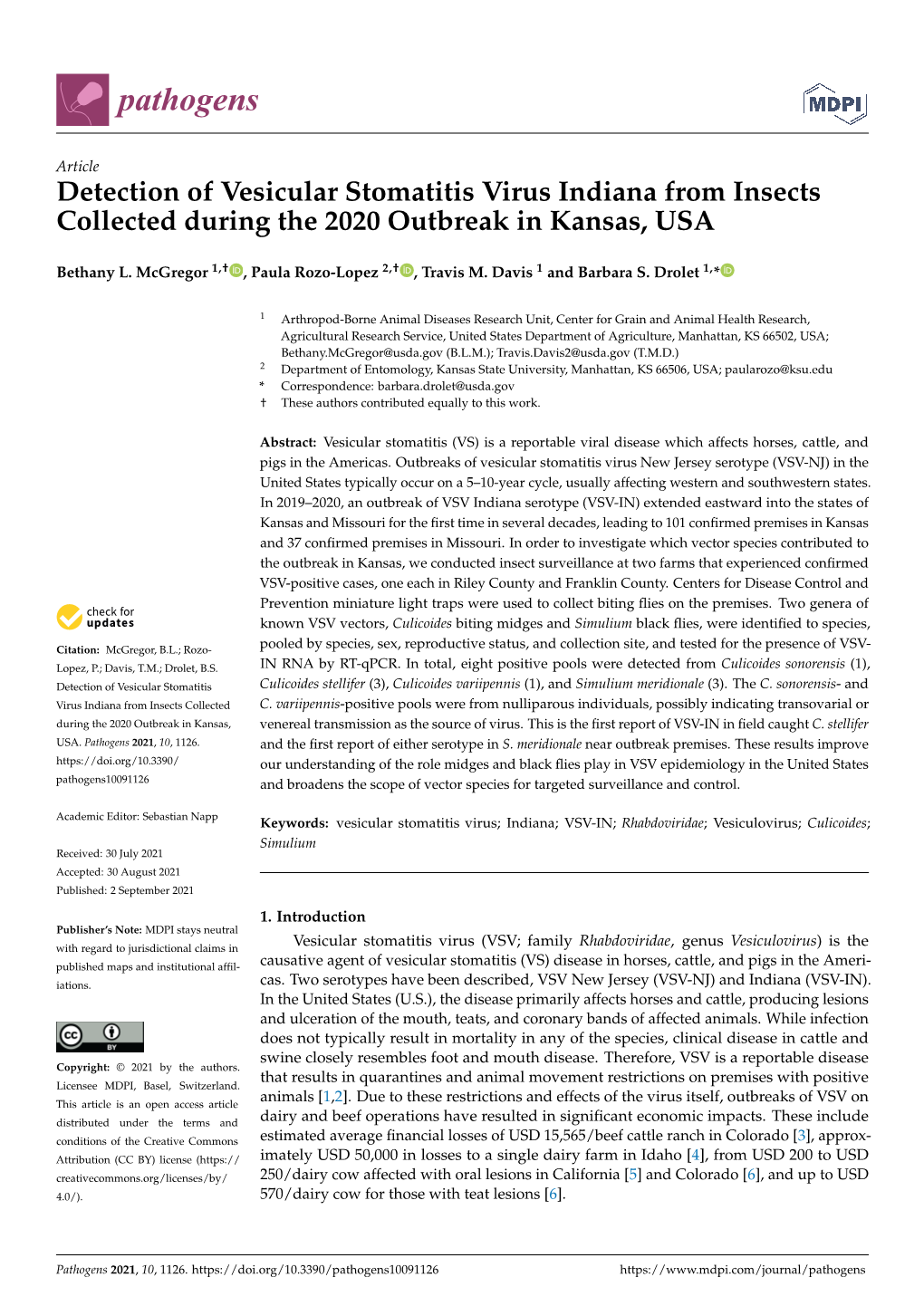 Detection of Vesicular Stomatitis Virus Indiana from Insects Collected During the 2020 Outbreak in Kansas, USA