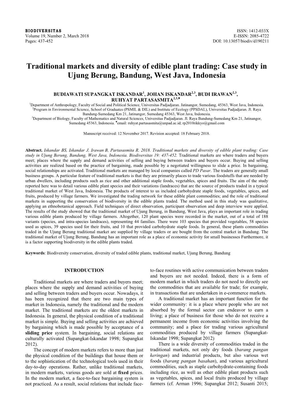 Traditional Markets and Diversity of Edible Plant Trading: Case Study in Ujung Berung, Bandung, West Java, Indonesia