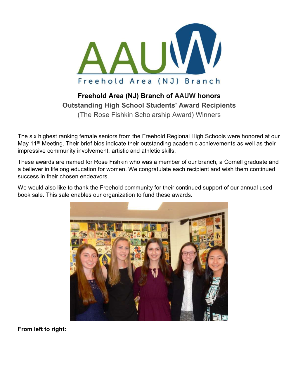 Freehold Branch of AAUW Honors 2017 HS