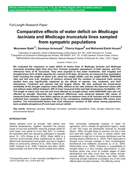 Comparative Effects of Water Deficit on Medicago Laciniata and Medicago Truncatula Lines Sampled from Sympatric Populations