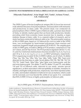 GENETIC POLYMORPHISM of BOLA-DRB3.2 LOCUS in SAHIWAL CATTLE Dibyendu Chakraborty1, Avtar Singh2, M.S. Tantia3, Archana Verma4, A