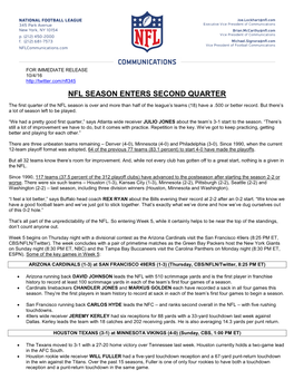 Nfl Season Enters Second Quarter