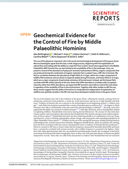 Geochemical Evidence for the Control of Fire by Middle Palaeolithic Hominins Alex Brittingham 1*, Michael T