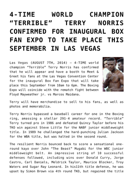 Terry Norris Confirmed for Inaugural Box Fan Expo to Take Place This September in Las Vegas