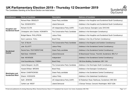 UK Parliamentary Election 2019 - Thursday 12 December 2019 the Candidates Standing at the Above Election Are Listed Below