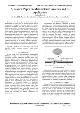 A Review Paper on Metamaterial Antenna and Its Application Shalini, Roopali Student, ECE, Rayat & Bahra Institute of Engineering & Bio-Technology, Mohali, India