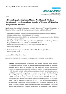 6-Bromohypaphorine from Marine Nudibranch Mollusk Hermissenda Crassicornis Is an Agonist of Human Α7 Nicotinic Acetylcholine Receptor