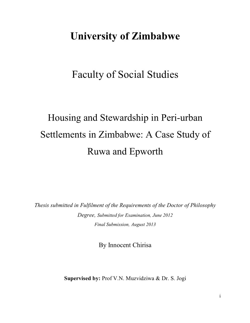 University of Zimbabwe Faculty of Social Studies