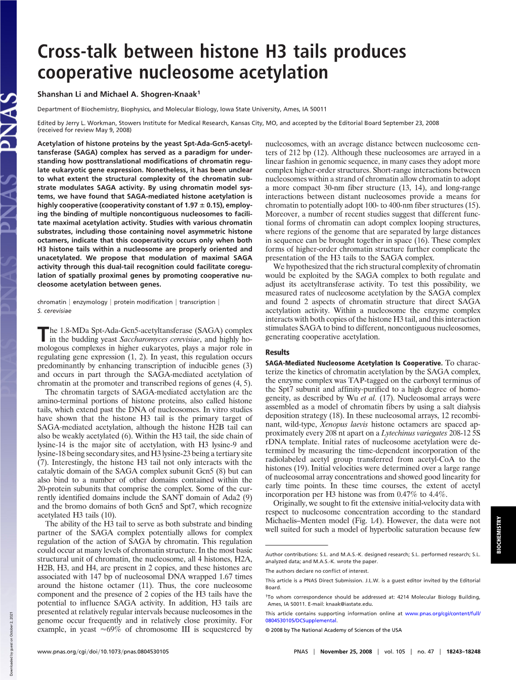 Cross-Talk Between Histone H3 Tails Produces Cooperative Nucleosome Acetylation