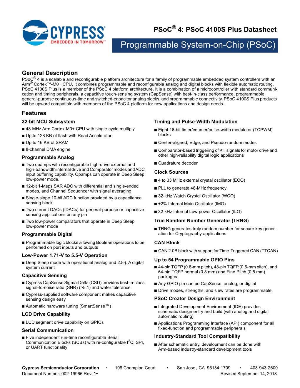 Psoc® 4: Psoc 4100S Plus Datasheet Programmable System-On-Chip (Psoc)