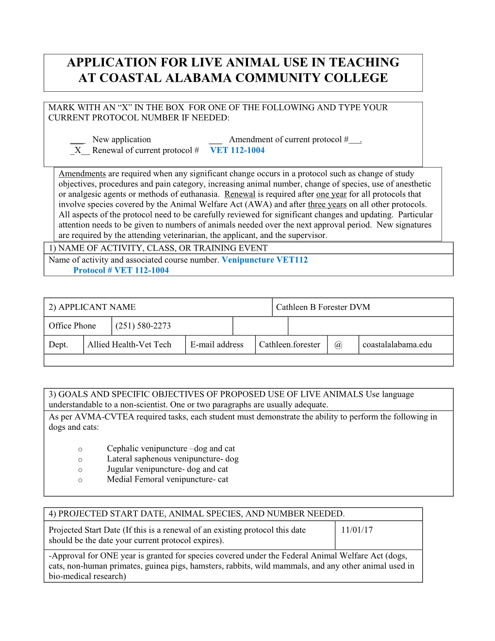 application-for-live-animal-use-in-teaching-at-coastal-alabama