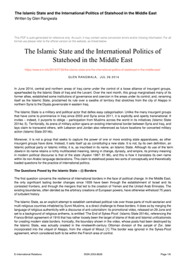 The Islamic State and the International Politics of Statehood in the Middle East Written by Glen Rangwala