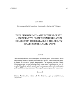 The Leipzig Numismatic Contest of 1752 – an Incentive from the Imperial Coin Collection to Reestablish the Ability to Attribute Arabic Coins