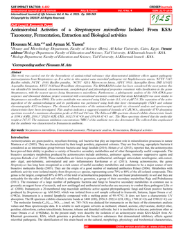 Streptomyces Microflavus Isolated from KSA: Taxonomy, Fermentation, Extraction and Biological Activities