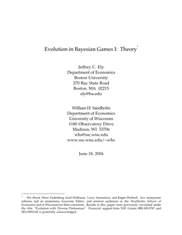 Evolution in Bayesian Games I: Theory*