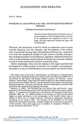 Working-Class Power and the 1946 Pension Reform in Sweden. A