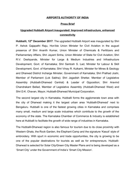 AIRPORTS AUTHORITY of INDIA Press Brief Upgraded Hubballi