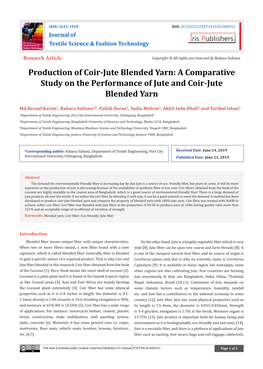 Production of Coir-Jute Blended Yarn: a Comparative Study on the Performance of Jute and Coir-Jute Blended Yarn