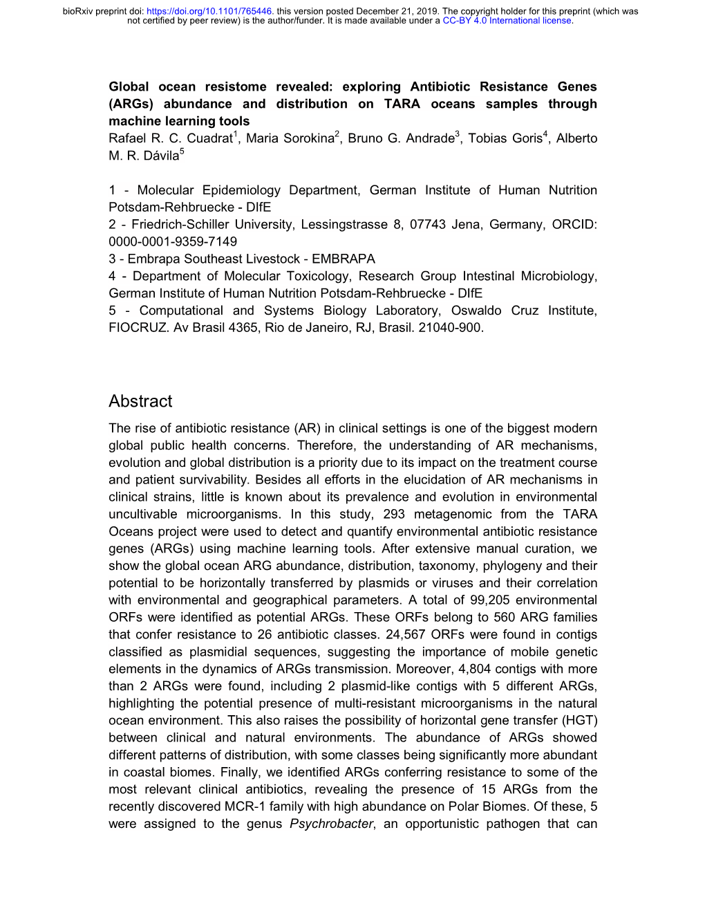 Exploring Antibiotic Resistance Genes (Args) Abundance and Distribution on TARA Oceans Samples Through Machine Learning Tools Rafael R