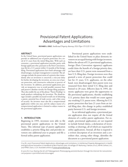 Provisional Patent Applications: Advantages and Limitations RICHARD L