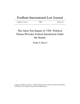 The Alien Tort Statute of 1789– Political Torture Provides Federal Jurisdiction Under the Statute