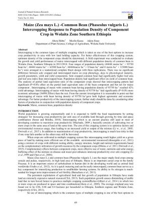 Common Bean (Phaseolus Vulgaris L.) Intercropping Response to Population Density of Component Crop in Wolaita Zone Southern Ethiopia