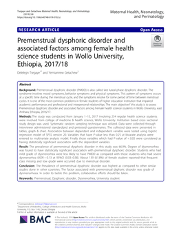 Premenstrual Dysphoric Disorder and Associated Factors Among Female