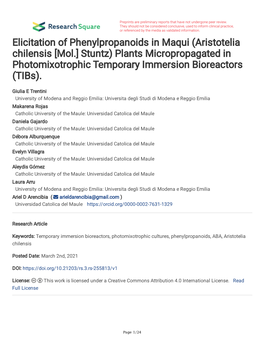 Elicitation of Phenylpropanoids in Maqui (Aristotelia Chilensis [Mol.] Stuntz) Plants Micropropagated in Photomixotrophic Temporary Immersion Bioreactors (Tibs)