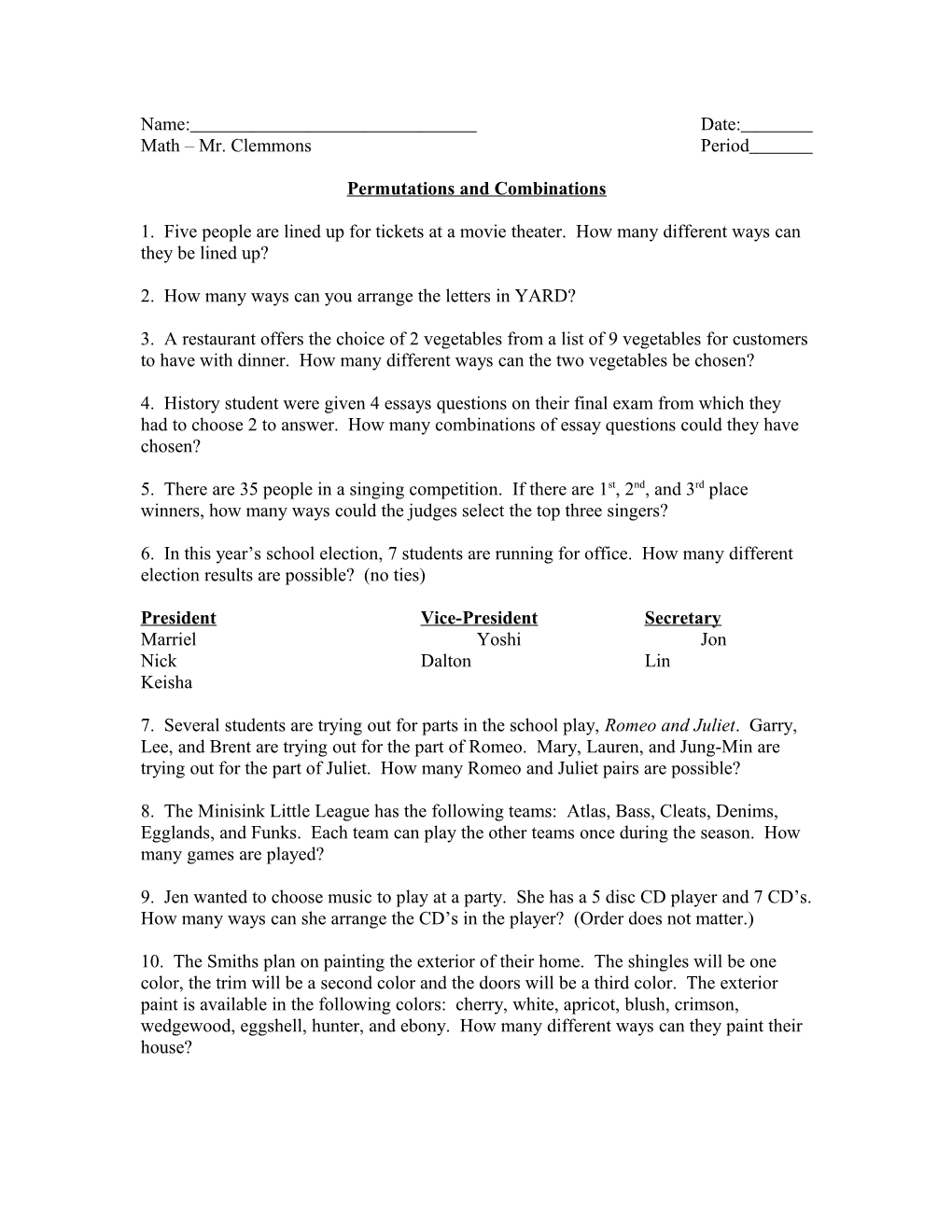 Permutations and Combinations