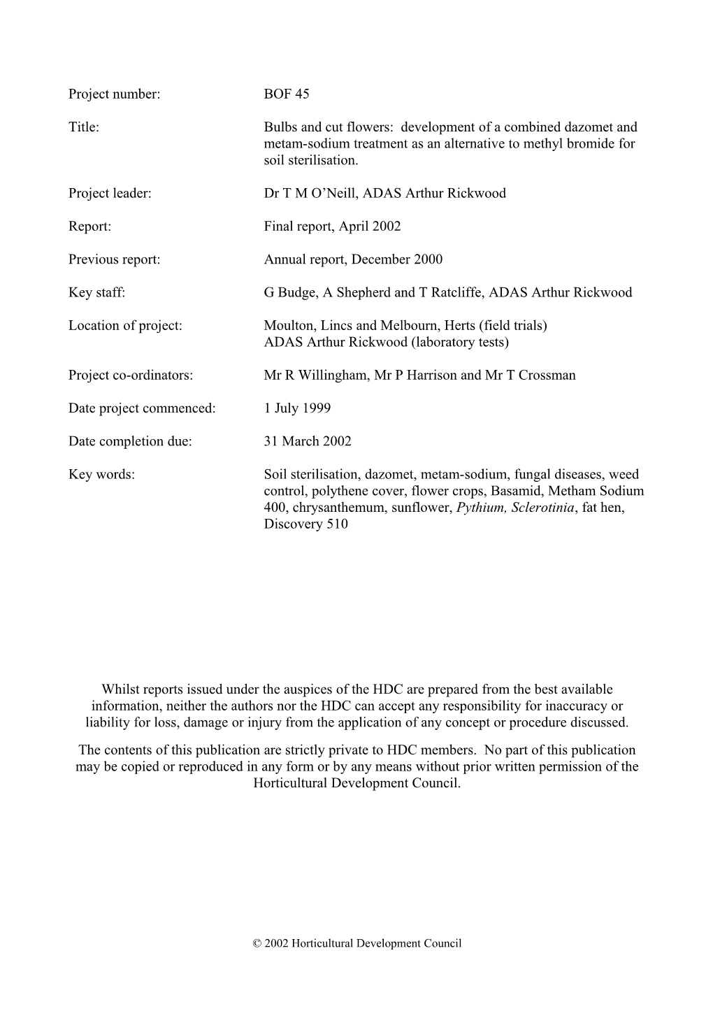 Contract Report for the Horticultural Development Council s1