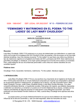 Feminismo Y Matrimonio En El Poema 'To the Ladies' De Lady Mary Chudleigh