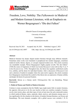 Freedom, Love, Nobility: the Falkenmotiv in Medieval and Modern German Literature, with an Emphasis on Werner Bergengruen's