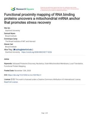 Functional Proximity Mapping of RNA Binding Proteins Uncovers a Mitochondrial Mrna Anchor That Promotes Stress Recovery