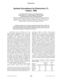 Sentinel Surveillance for Enterovirus 71, Taiwan, 1998
