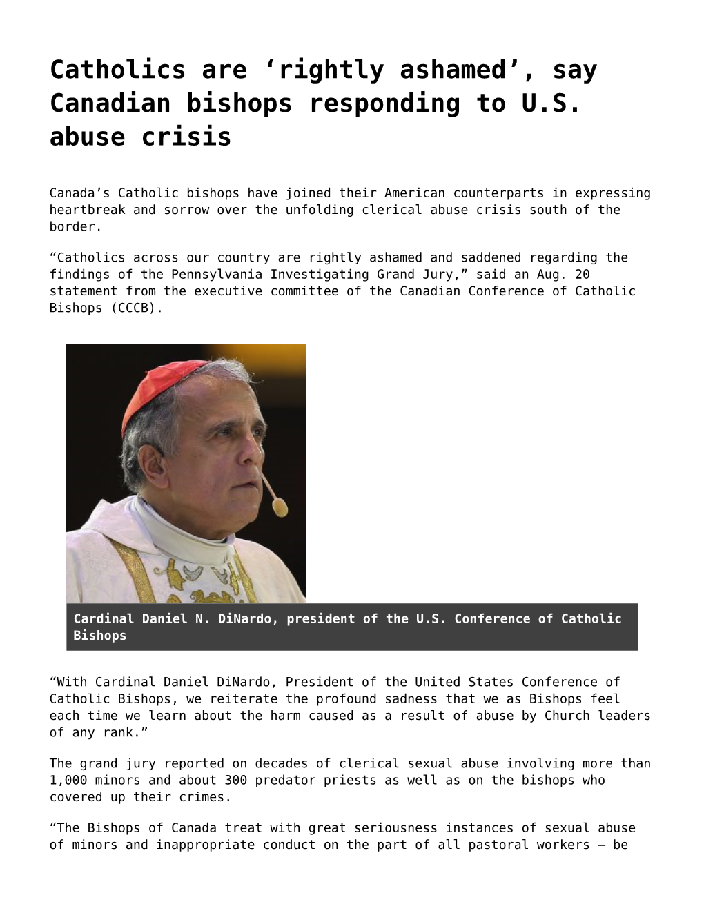 Say Canadian Bishops Responding to US Abuse Crisis