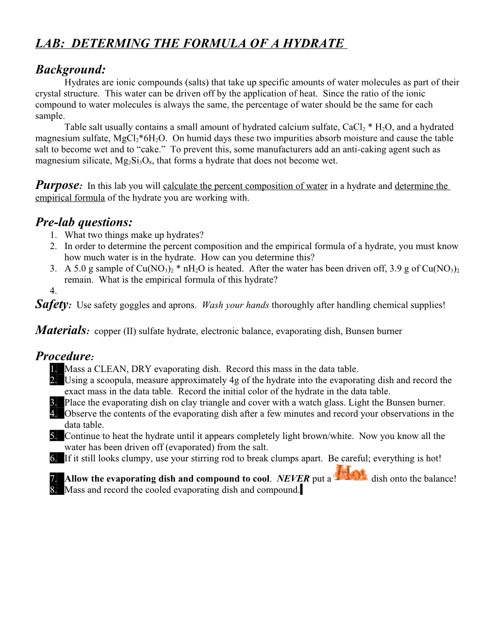 Formula of a Hydrate Lab