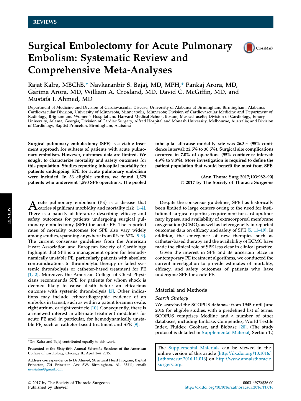 Surgical Embolectomy for Acute Pulmonary Embolism: Systematic Review and Comprehensive Meta-Analyses