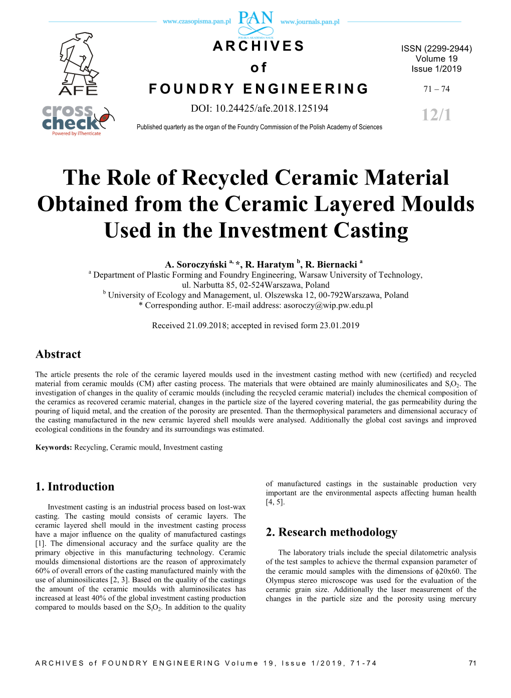 The Role of Recycled Ceramic Material Obtained from the Ceramic Layered Moulds Used in the Investment Casting