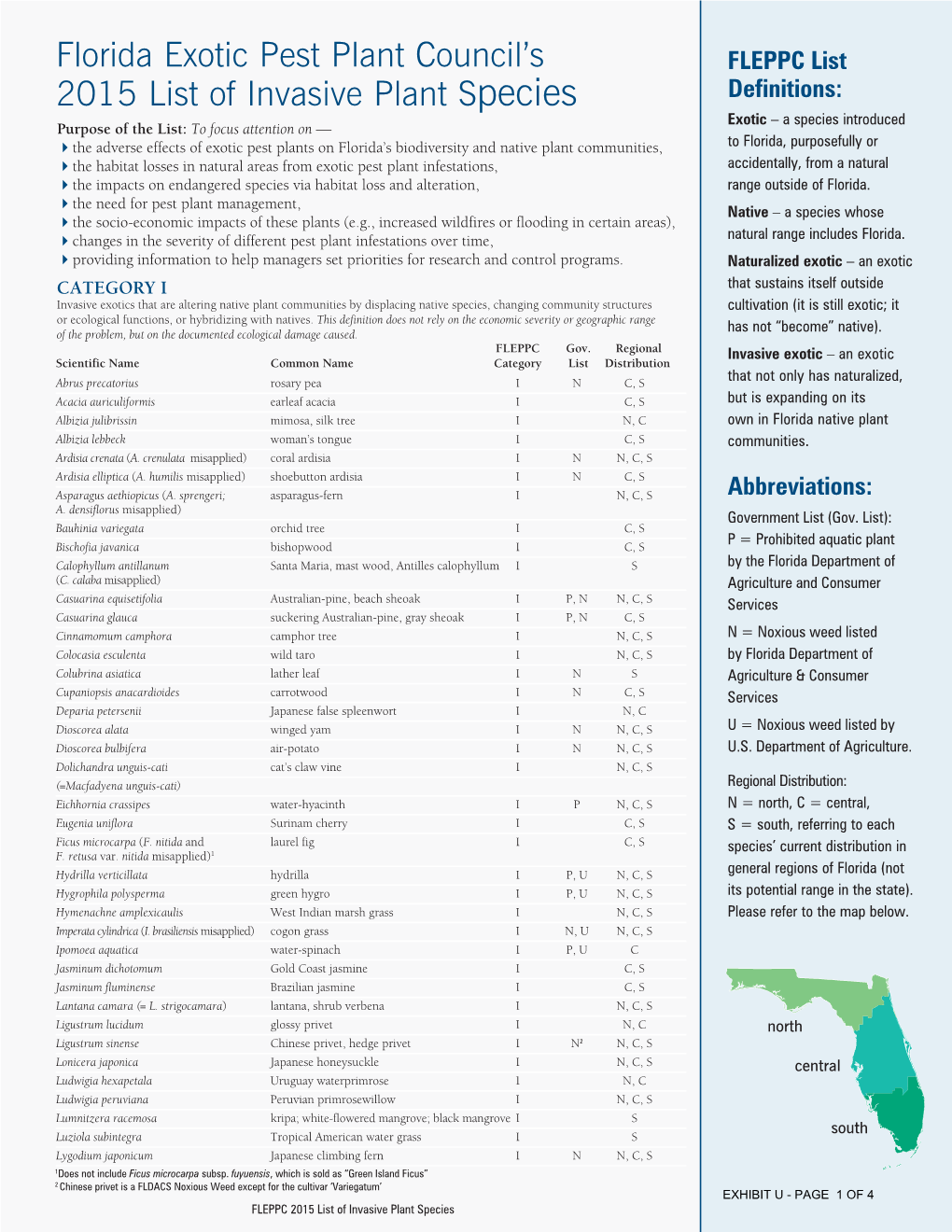 Florida Exotic Pest Plant Council's 2015 List of Invasive Plant Species