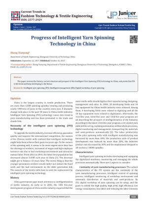 Progress of Intelligent Yarn Spinning Technology in China