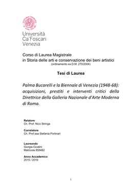 Palma Bucarelli E La Biennale Di Venezia (1948-68): Acquisizioni, Prestiti E Interventi Critici Della Direttrice Della Galleria Nazionale D'arte Moderna Di Roma