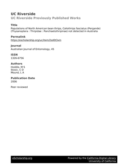 Populations of North American Bean Thrips, Caliothrips Fasciatus (Pergande) (Thysanoptera : Thripidae : Panchaetothripinae) Not Detected in Australia