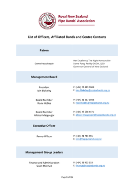 List of Officers, Affiliated Bands and Centre Contacts